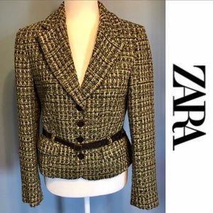 Zara green brown tweed belted blazer